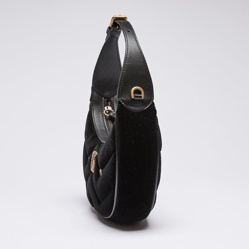 Gucci Black Velvet Matelasse GG Studded Marmont Half Moon Shoulder Bag (side)