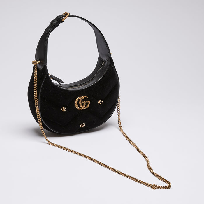 Gucci Black Velvet Matelasse GG Studded Marmont Half Moon Shoulder Bag (with chain)