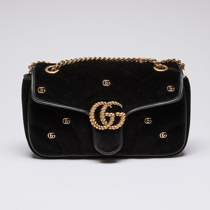 Gucci Black Velvet Matelasse GG Studded Marmont Chain Bag (front)
