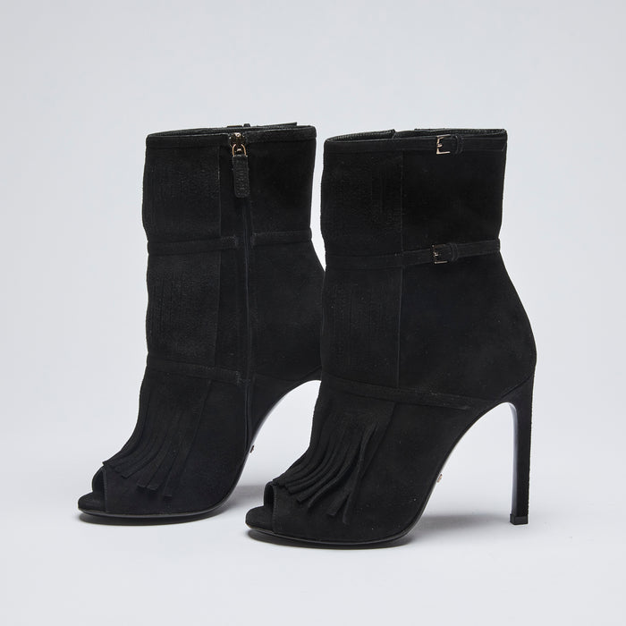 Excellent Pre-Loved Black Suede Peep Toe Ankle Boots with Thin Ankle Strap and Buckle Details (side)