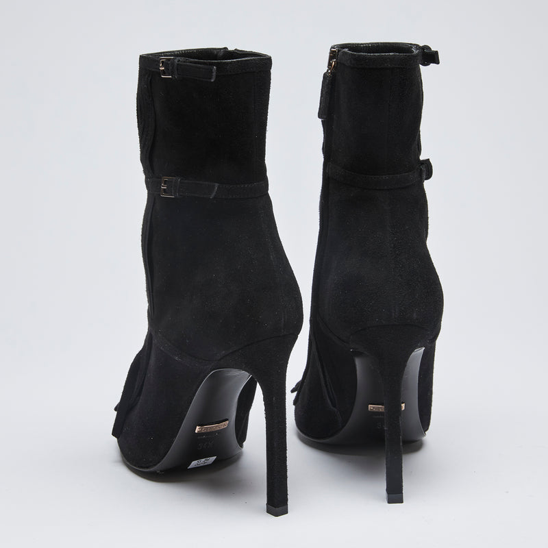 Excellent Pre-Loved Black Suede Peep Toe Ankle Boots with Thin Ankle Strap and Buckle Details(back)