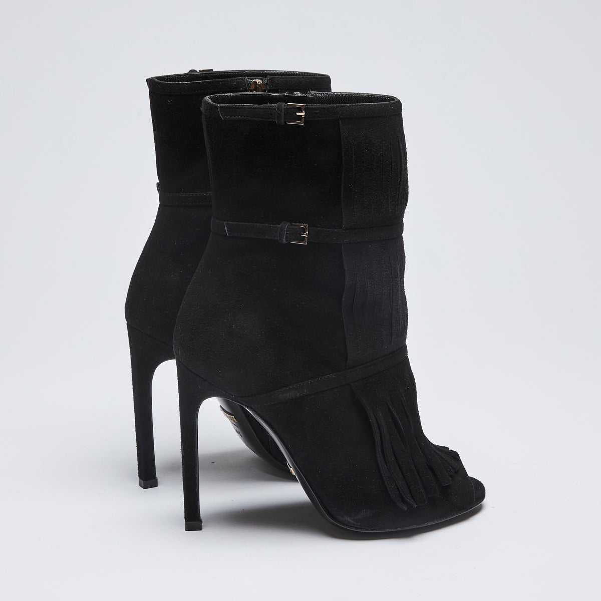 Excellent Pre-Loved Black Suede Peep Toe Ankle Boots with Thin Ankle Strap and Buckle Details(side)