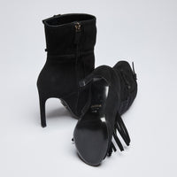 Excellent Pre-Loved Black Suede Peep Toe Ankle Boots with Thin Ankle Strap and Buckle Details (bottom)