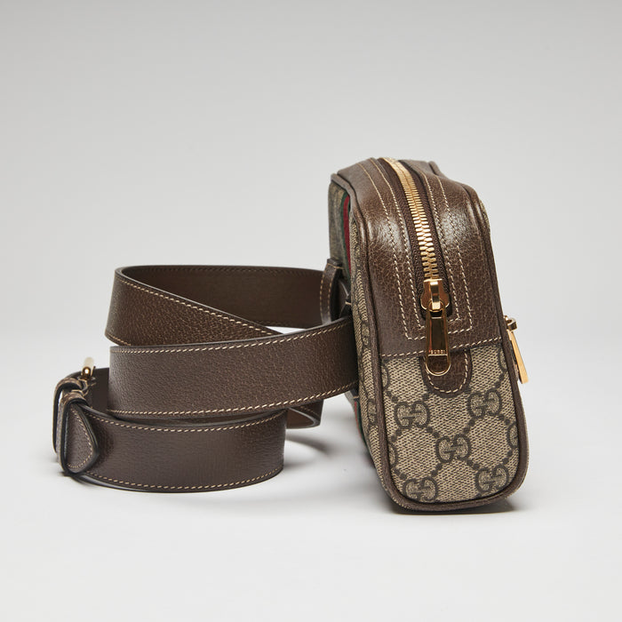 Excellent Pre-Loved Monogram Coated Canvas Waist Bag with Brown Leather Trim and Belt (Side)