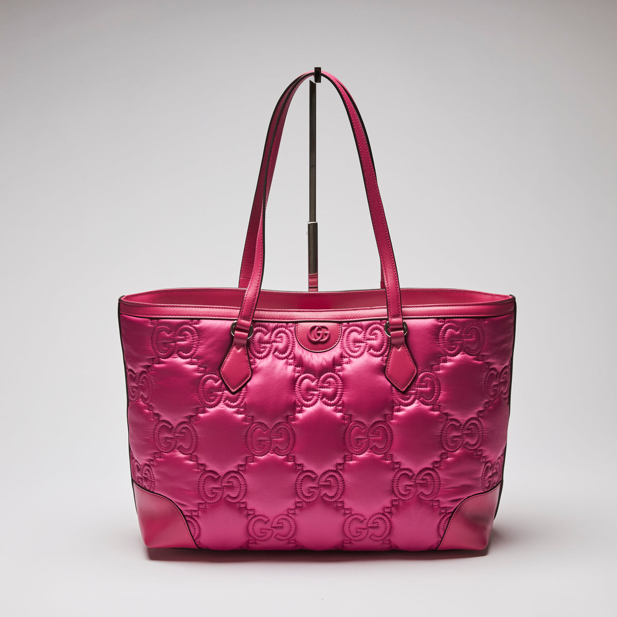 Excellent Pre-Loved Bright Pink Nylon and Leather Tote Bag.  (front)
