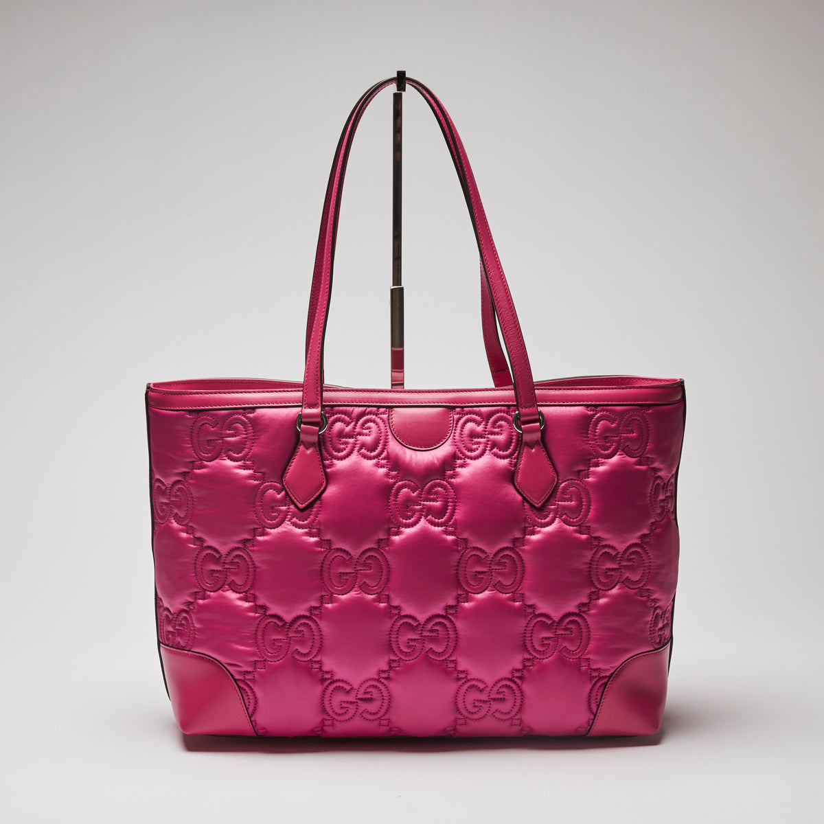 Excellent Pre-Loved Bright Pink Nylon and Leather Tote Bag.  (back)