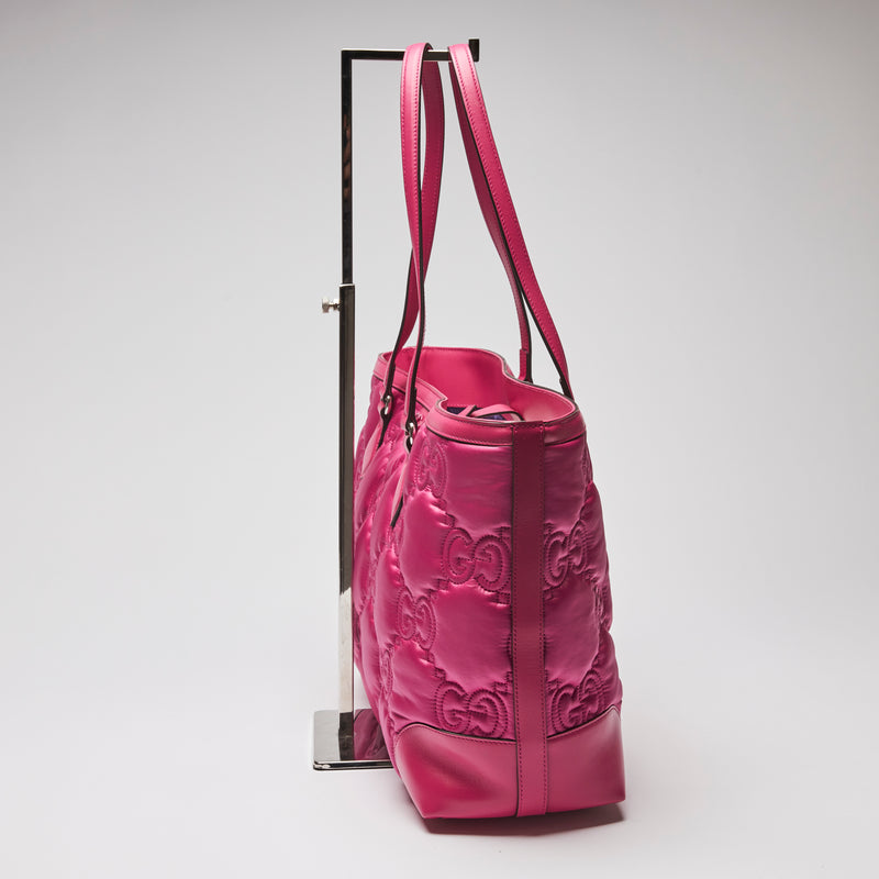 Excellent Pre-Loved Bright Pink Nylon and Leather Tote Bag.  (side)