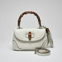Excellent Pre-Loved Ivory Grained Leather Bamboo Top Handle Bag with Removable Shoulder Strap(Front)