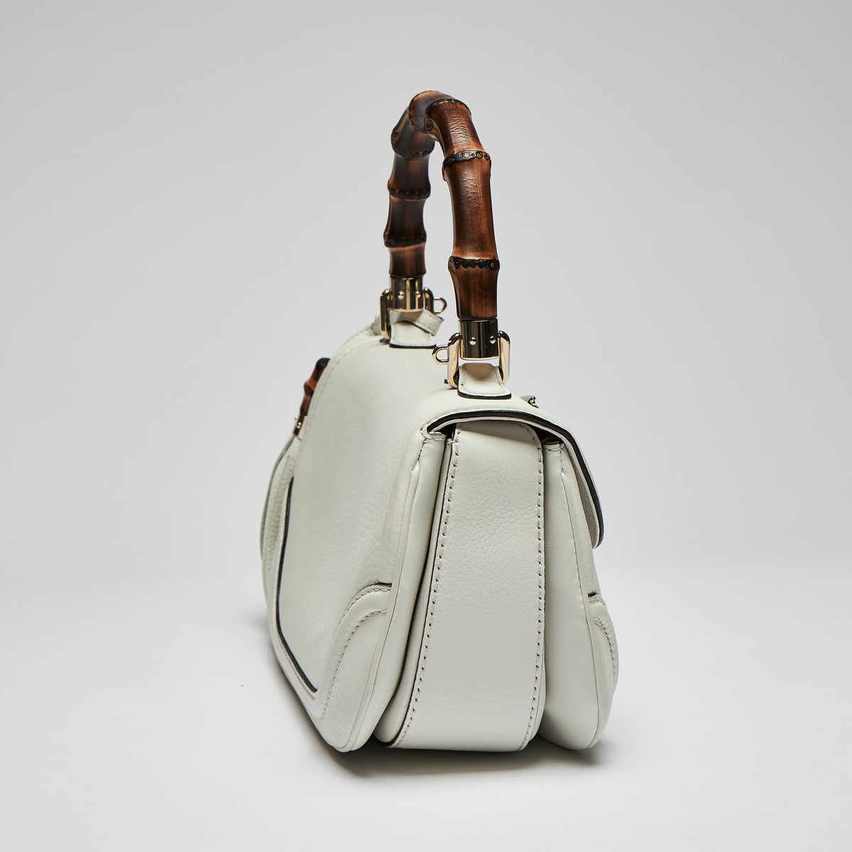 Excellent Pre-Loved Ivory Grained Leather Bamboo Top Handle Bag with Removable Shoulder Strap(side)