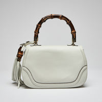 Excellent Pre-Loved Ivory Grained Leather Bamboo Top Handle Bag with Removable Shoulder Strap(back)