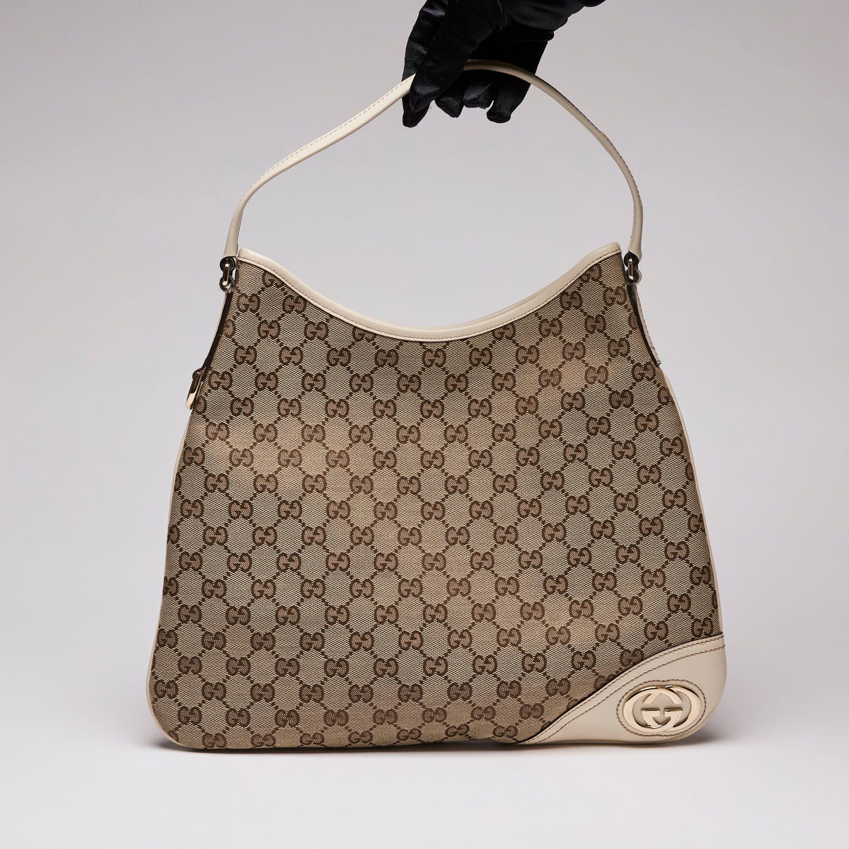 Gucci Brown & Cream GG Canvas Monogram Britt Shoulder Bag (Front)