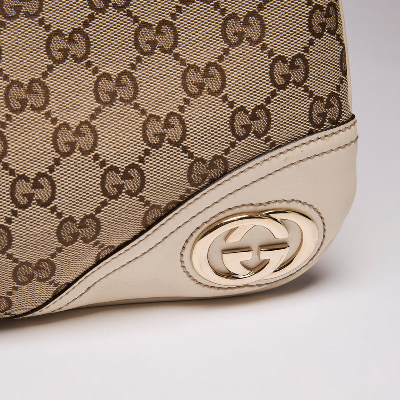 Gucci Brown & Cream GG Canvas Monogram Britt Shoulder Bag (Corner)