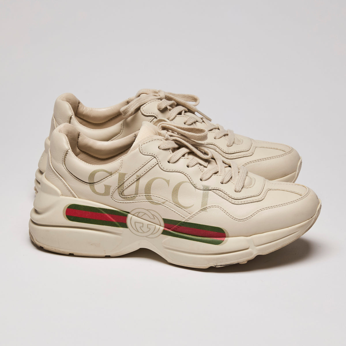 Gucci Cream Rhython Leather Sneakers Size 7.5 Mens. 10 ladies