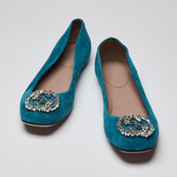 Gucci Blue Suede Crystal Hardware Ballet Flats (front)