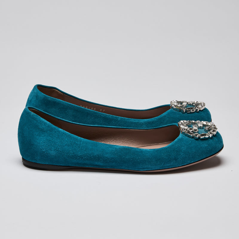 Gucci Blue Suede Crystal Hardware Ballet Flats (side)