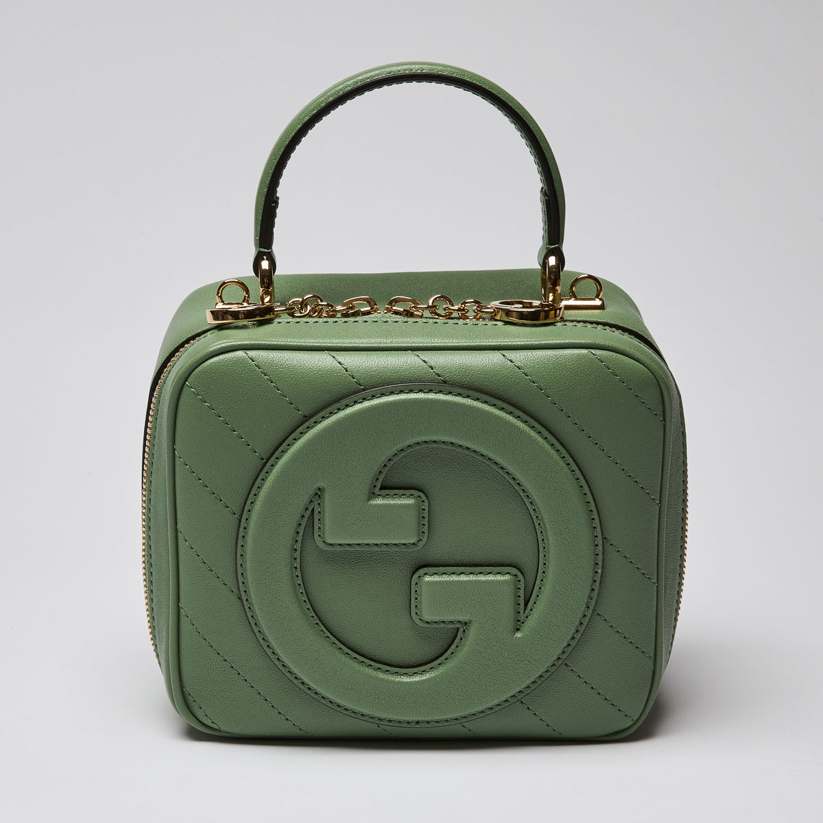 Gucci Calfskin Diagonal Stitched Blondie Small Top Handle Bag Green (front)