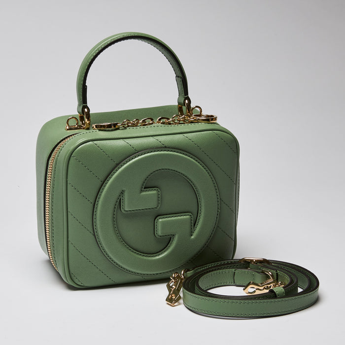 Gucci Calfskin Diagonal Stitched Blondie Small Top Handle Bag Green (angled front)