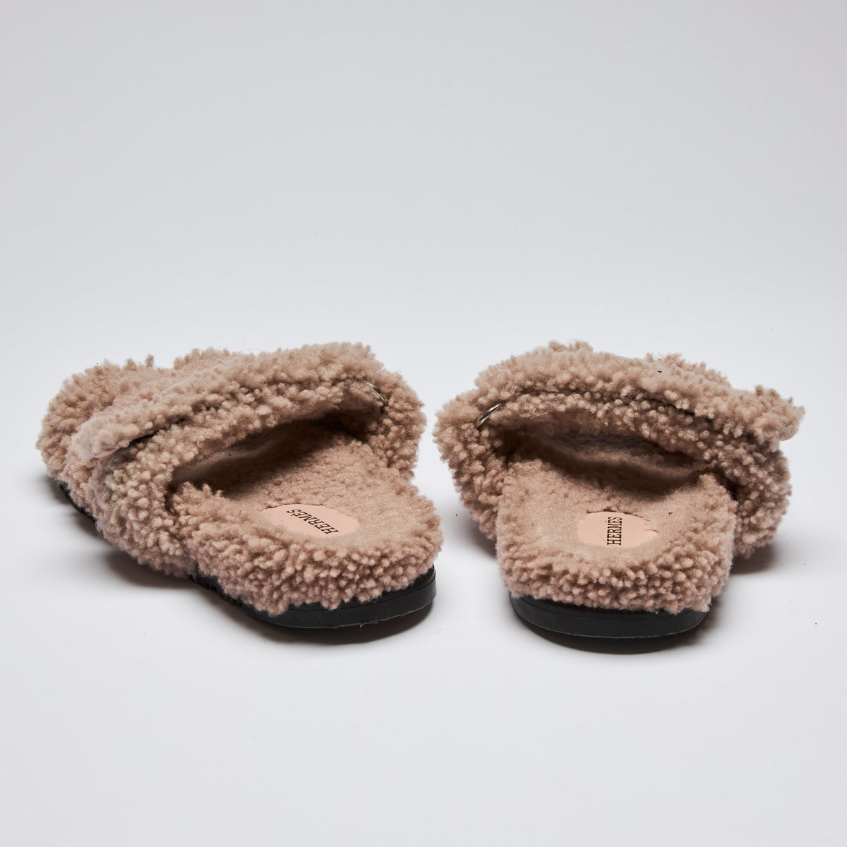 Pre-Loved Dusty Pink Shearling Teddy Sandals with Velcro Strap. (back)
