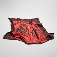 Excellent Pre-Loved Brown and Red Dip Dye Patterned 100% Silk Scarf.  (front)