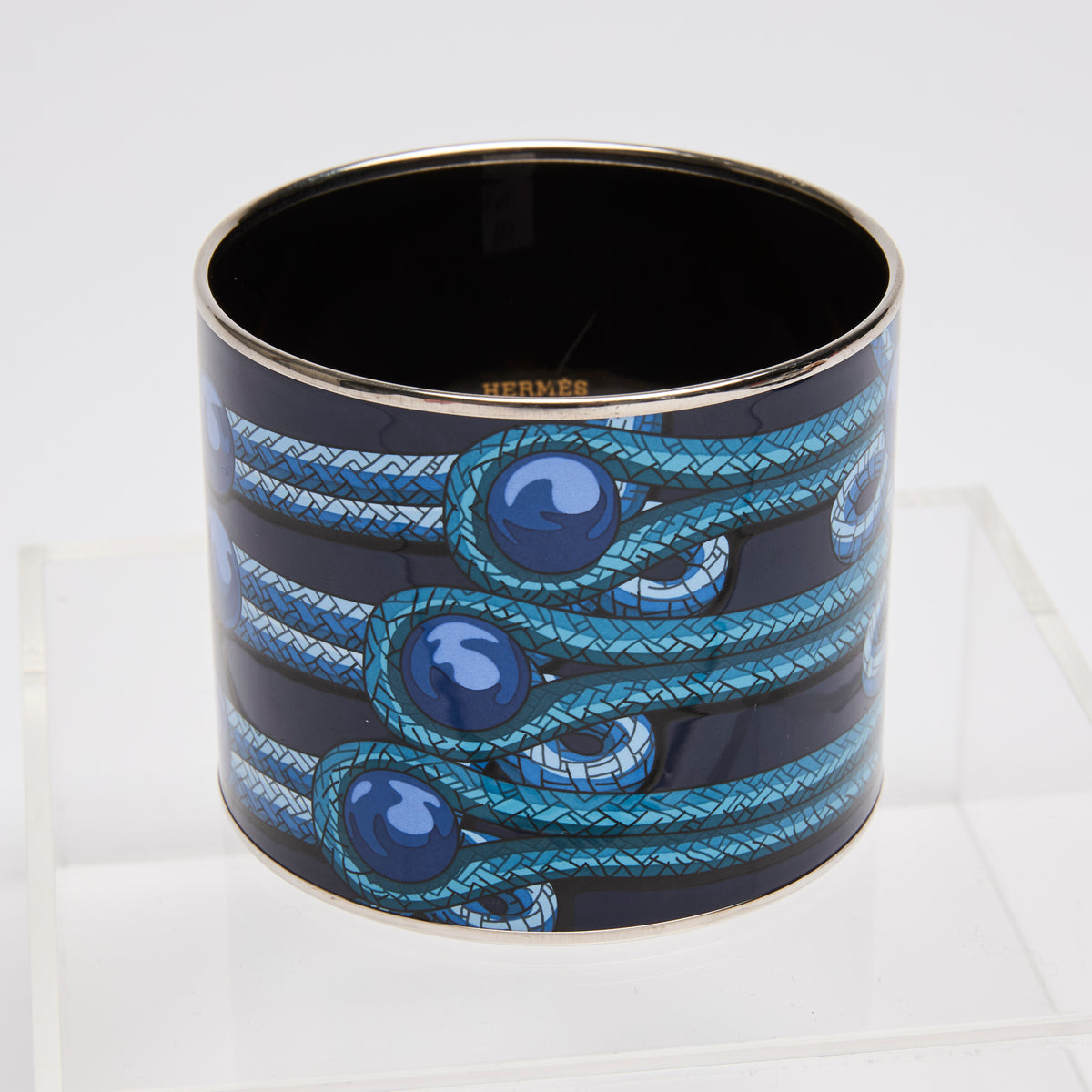 Hermes Extra Wide Enamel Bangle Bracelet in Blue/Silver