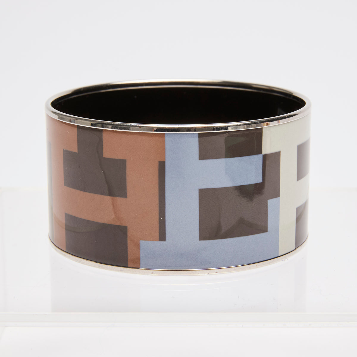 Hermes Extra Wide Enamel Bangle Bracelet Monogram/Silver