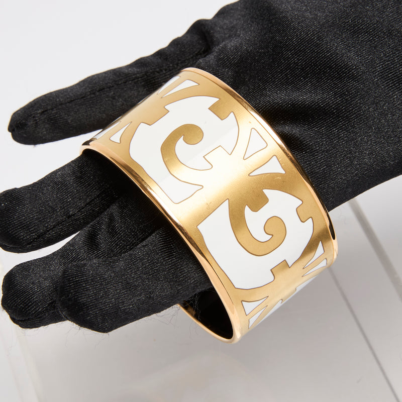 Hermes Extra Wide Enamel Bangle Bracelet in White/Gold