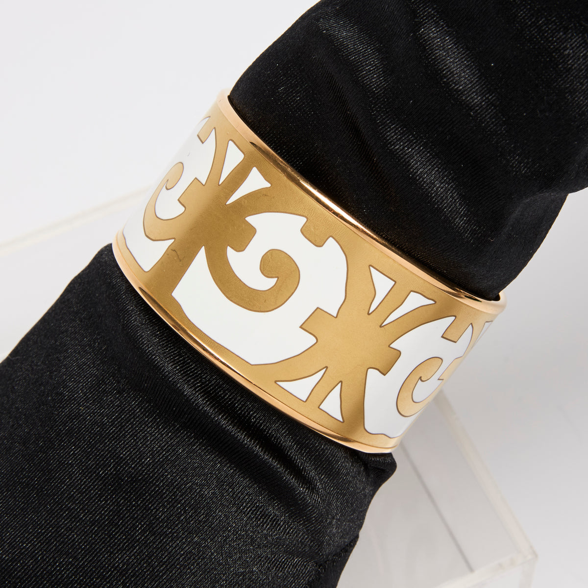 Hermes Extra Wide Enamel Bangle Bracelet in White/Gold