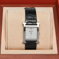 Pre-Loved Black Shiny Alligator Leather and Steel Case 30mm Watch.  (front)