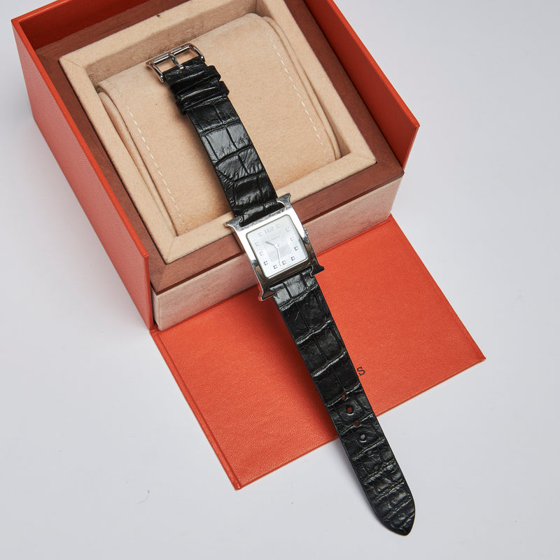 Pre-Loved Black Shiny Alligator Leather and Steel Case 30mm Watch. (box)