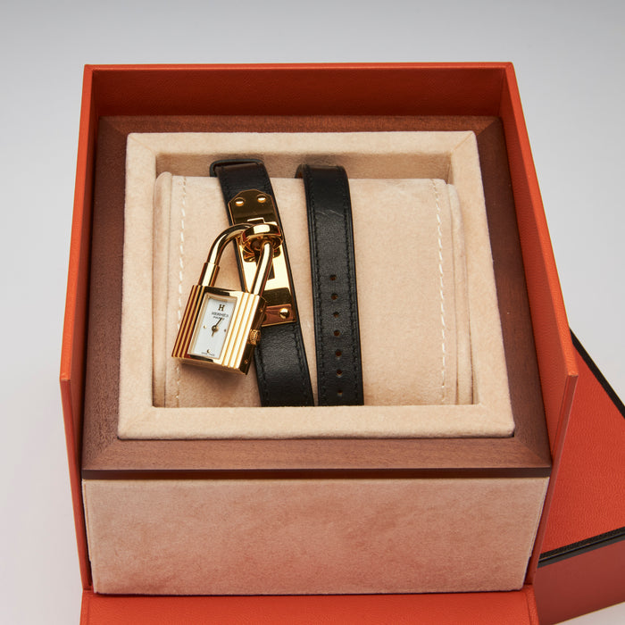 Excellent Pre-Loved Yellow Gold Plated Steel Watch with Black Leather Wrist Strap for Double Loop Wear. (front)