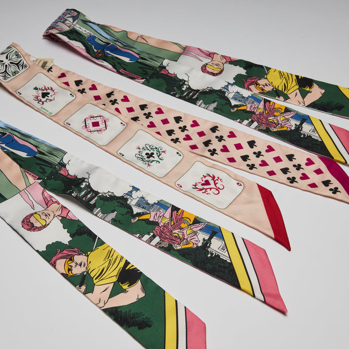 Excellent Pre-Loved 100% Silk Twilly with Comic Strip Print/ Playing Card Print(close up)