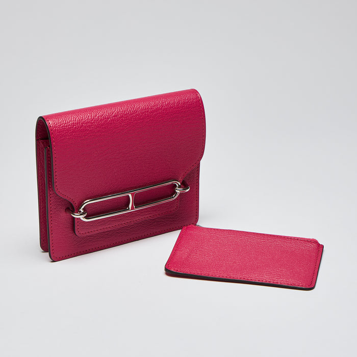 Excellent Pre-Loved Magenta Pink Grained Leather Flap Compact Wallet. (Front)