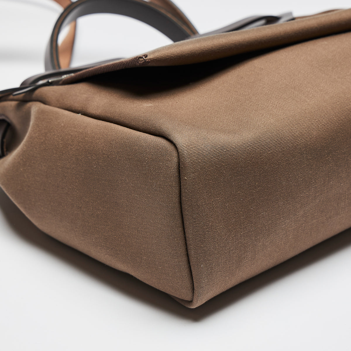 Excellent Pre-Loved Brown Canvas Top Handle Flap Bag with Shoulder Strap. (corner)