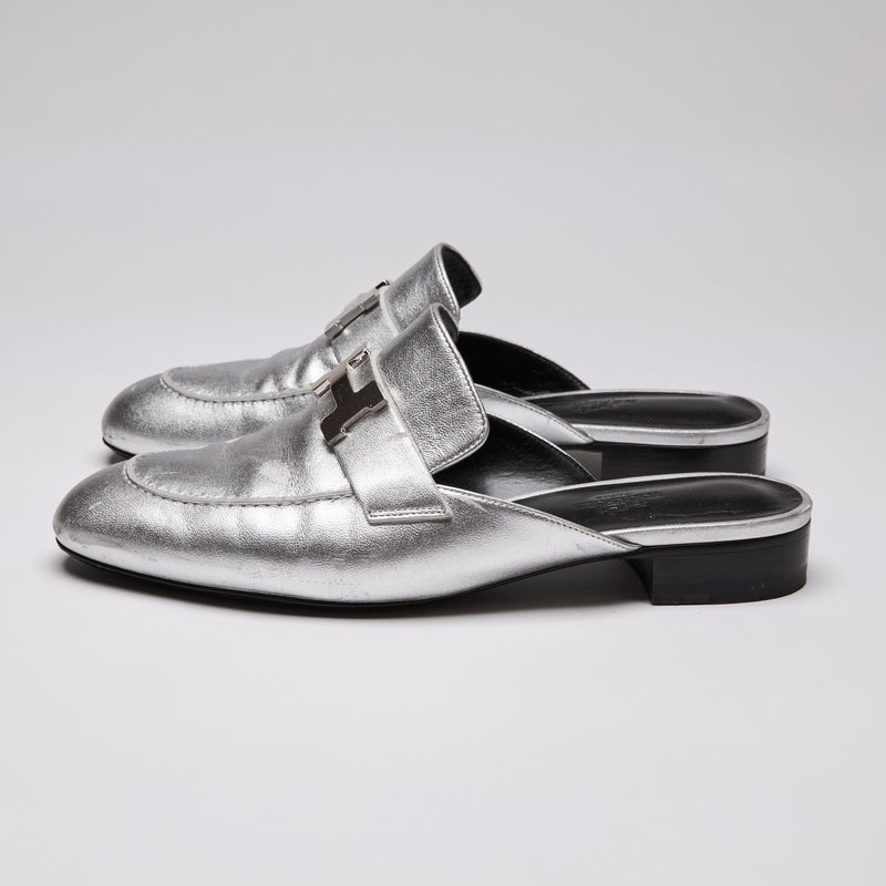 Hermès Metallic Nappa Trocadero Mule Gris Argento Size 38