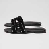 Hermes Black Calfskin Crystal Embellished Oran Sandals Size 36