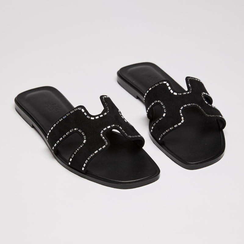 Hermes Black Calfskin Crystal Embellished Oran Sandals Size 36