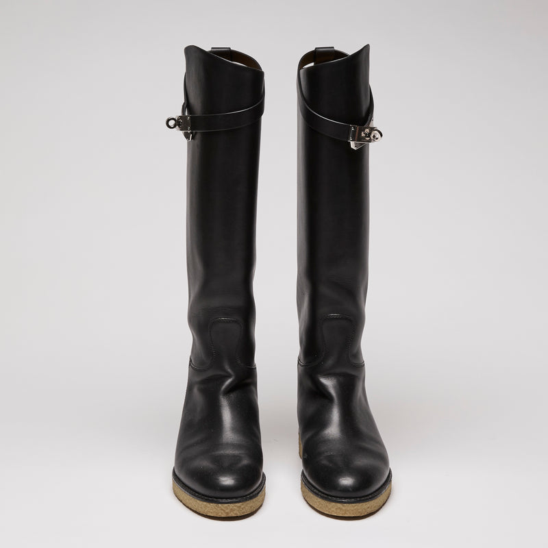 Hermès Black Leather Knee-High Jumping Boots Size 37