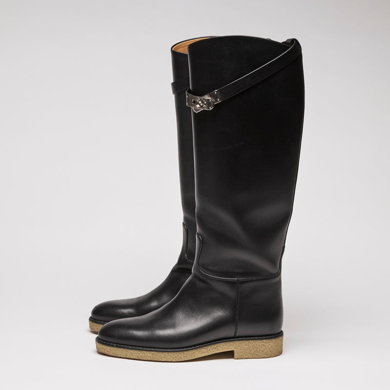 Hermès Black Leather Knee-High Jumping Boots Size 37