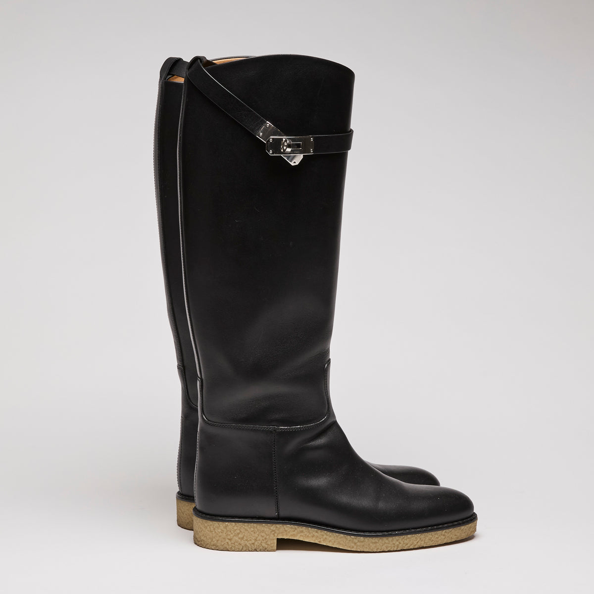 Hermès Black Leather Knee-High Jumping Boots Size 37