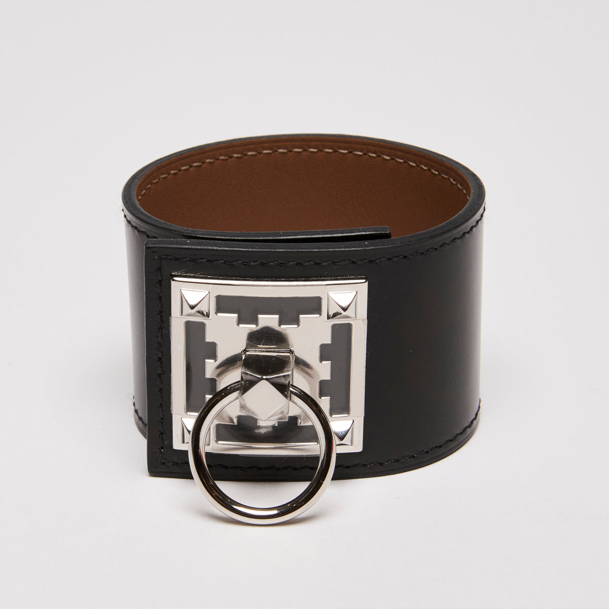 Hermes Creneau Black Leather Bracelet With Palladium Hardware(front)