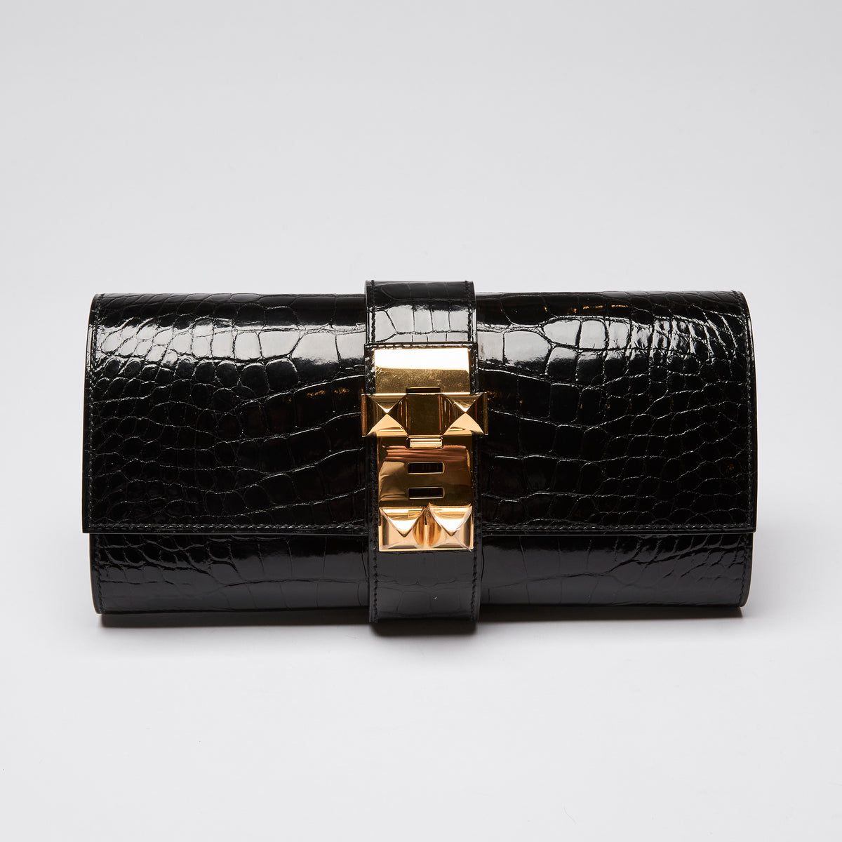 Hermes Shiny Black Nilo Crocodile Medor Clutch with Gold Hardware