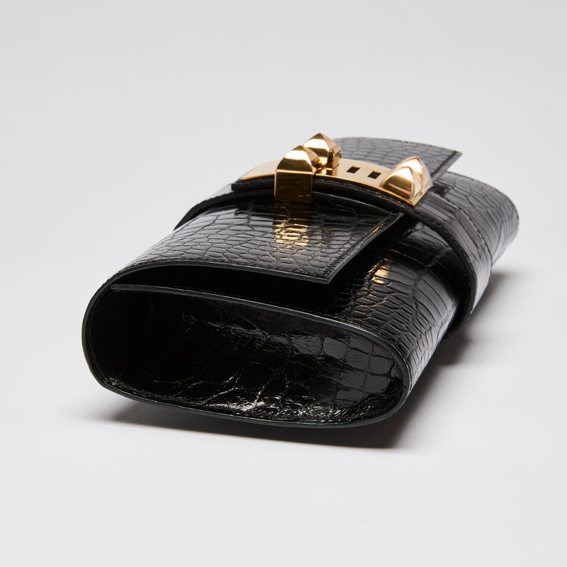 Hermes Shiny Black Nilo Crocodile Medor Clutch with Gold Hardware