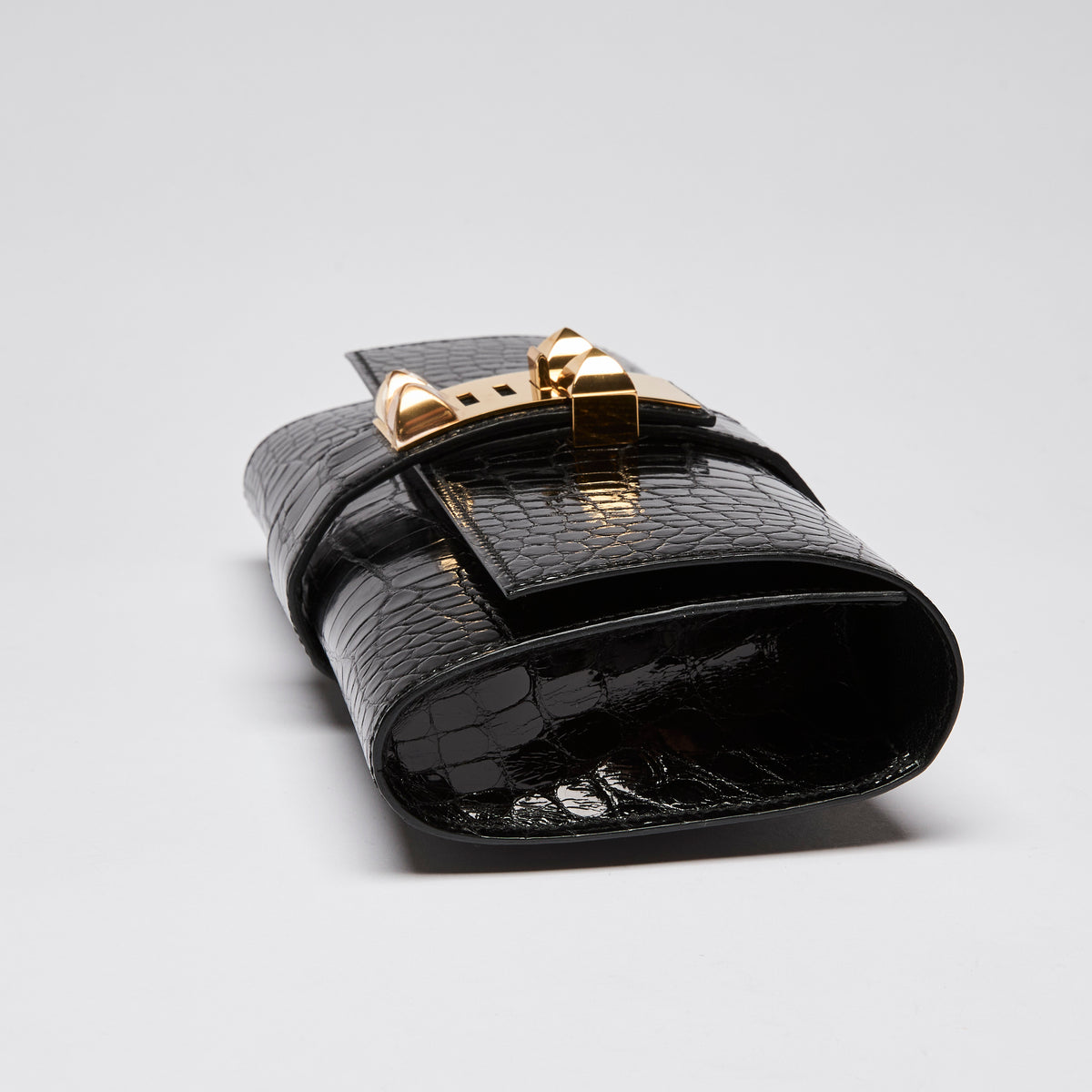 Hermes Shiny Black Nilo Crocodile Medor Clutch with Gold Hardware