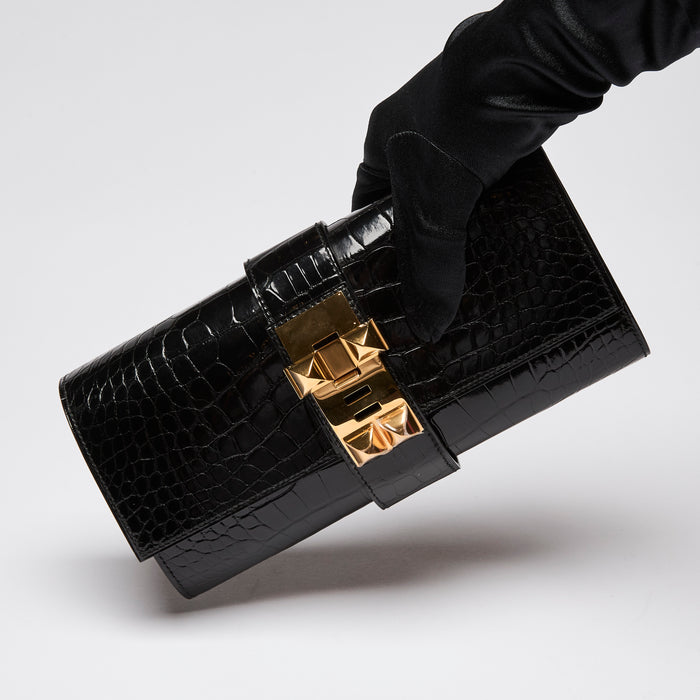 Hermes Shiny Black Nilo Crocodile Medor Clutch with Gold Hardware