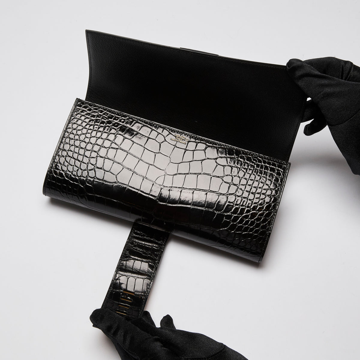 Hermes Shiny Black Nilo Crocodile Medor Clutch with Gold Hardware