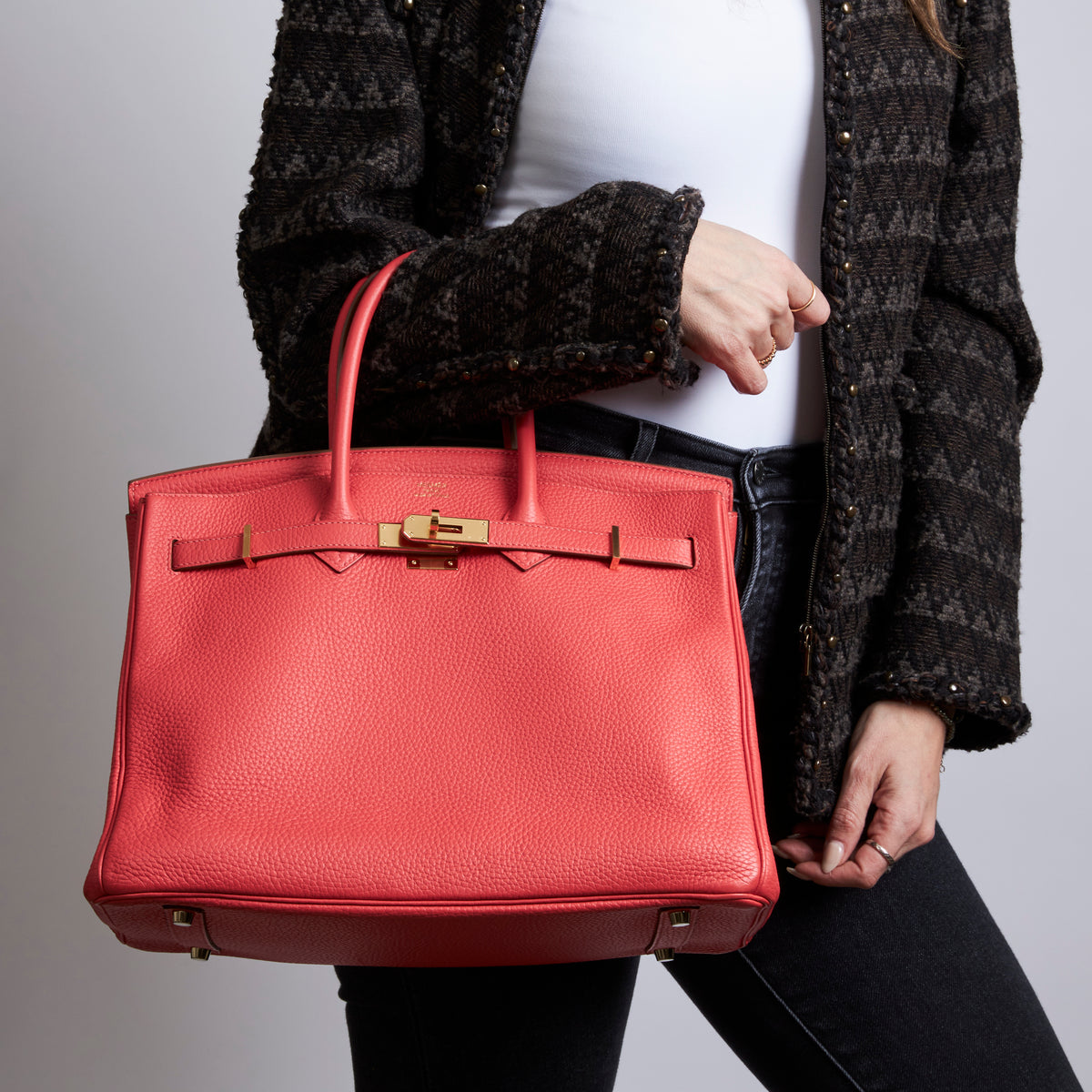 Excellent Pre-Loved Bright Rosy Red Grained Leather Top Handle Bag(on body)