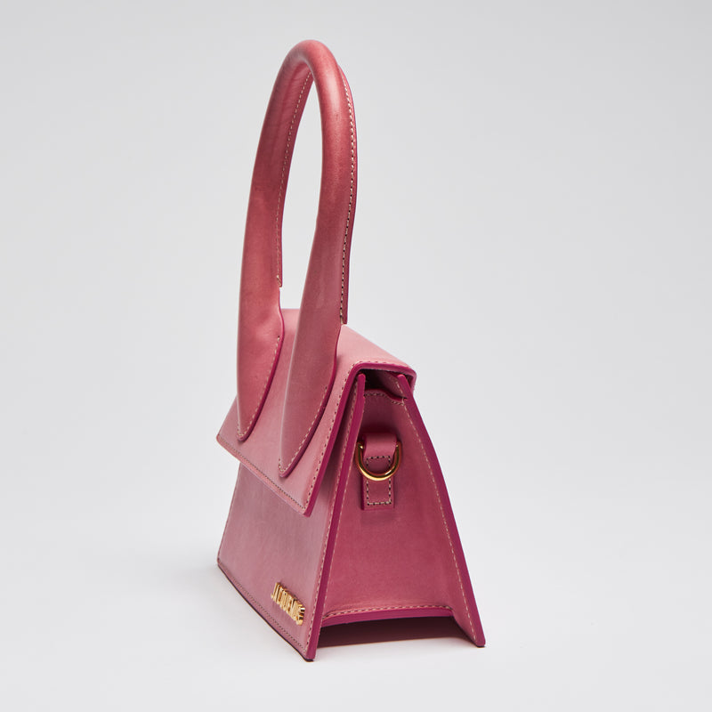 Pre-Loved Pink Leather Single Top Handle Mini Bag with Removable/Adjustable Shoulder Strap. (side)
