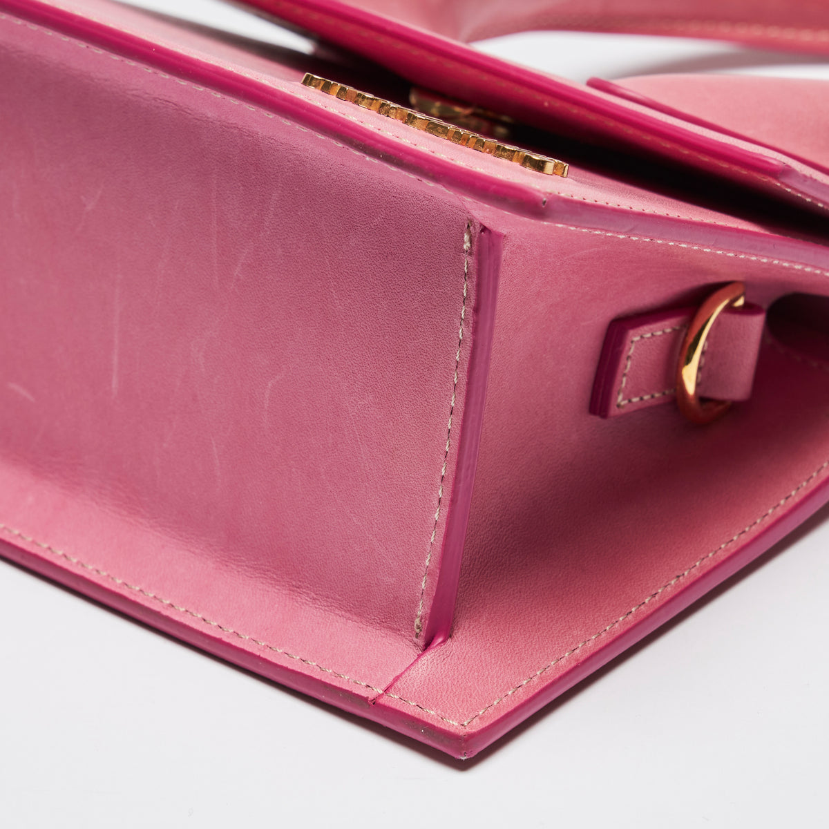 Pre-Loved Pink Leather Single Top Handle Mini Bag with Removable/Adjustable Shoulder Strap. (corner)