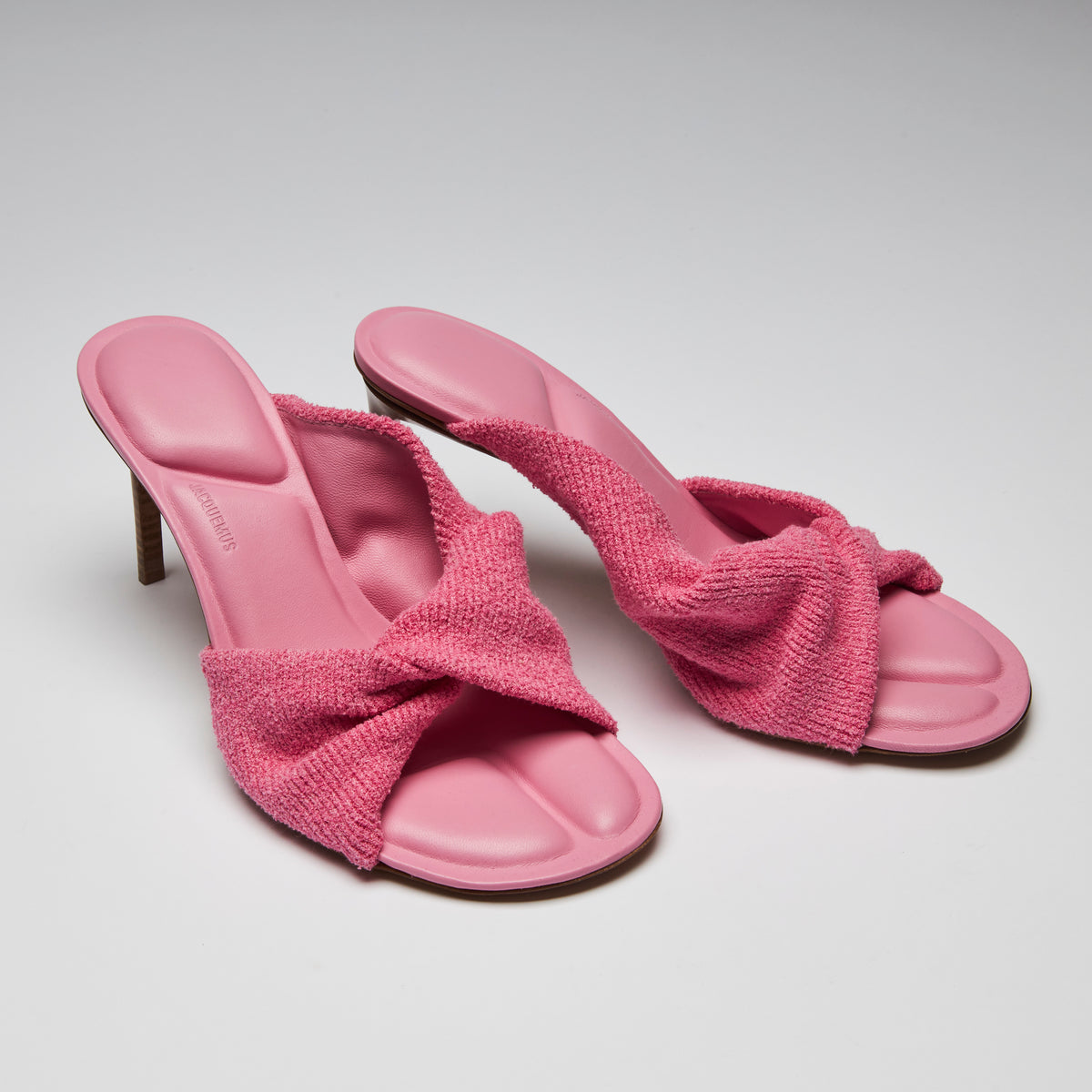 Excellent Pre-Loved Pink Terrycloth Heeled Sandals with Twist Detail and Leather Insoles. (front)