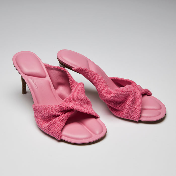 Excellent Pre-Loved Pink Terrycloth Heeled Sandals with Twist Detail and Leather Insoles. (front)